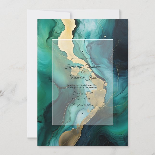 Invitación Boda de tinta negra, verde esmeralda y oro (Anverso)