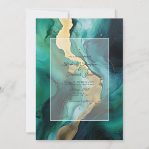 Invitación Boda de tinta negra, verde esmeralda y oro