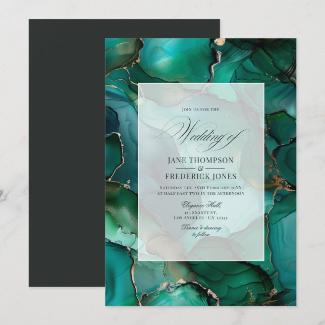 Invitación Boda de tinta verde esmeralda y oro (Anverso / Reverso)