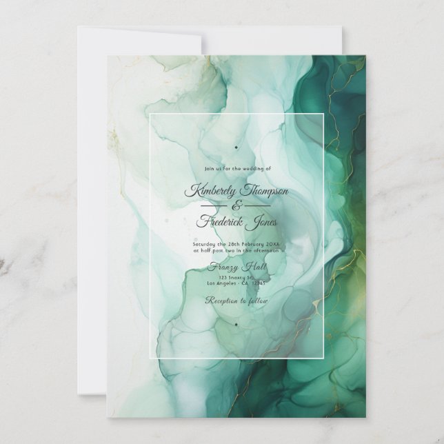 Invitación Boda de tinta verde plateada, blanca y forestal (Anverso)