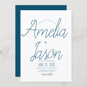 Invitación Boda de tipo de script azul y blanco minimalista