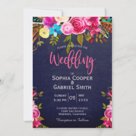 Invitación Boda de tipografía azul de la Marina floral rosada