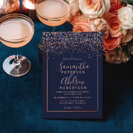 Invitación boda de tipografía azul marino de confetti dorado 