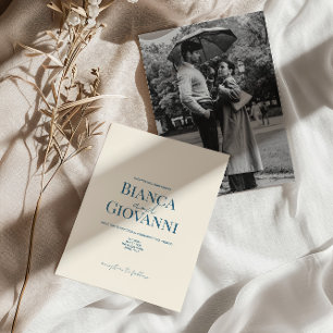 Invitación Boda de tipografía azul retro minimalista