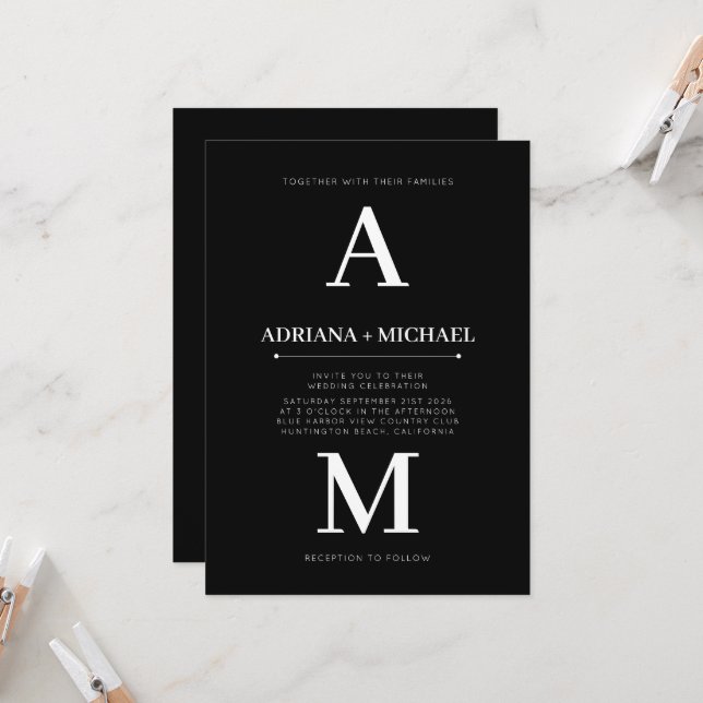 Invitación Boda de tipografía blanca negrita negra moderna (Anverso/Reverso In Situ)