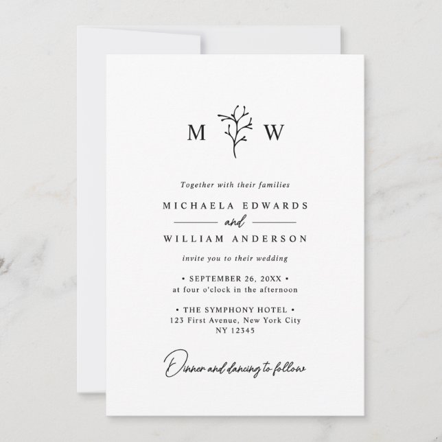 Invitación Boda de tipografía botánica simple y elegante (Anverso)