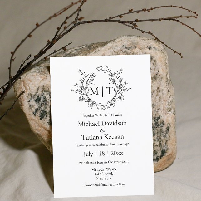 Invitación boda de tipografía clásica de monograma botánico (Subido por el creador)