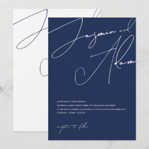 Invitación Boda de tipografía con guión azul de la marina min