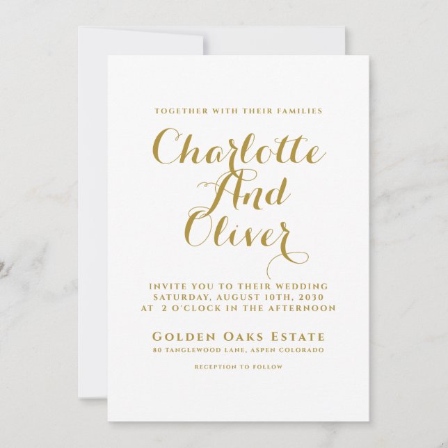 Invitación Boda de tipografía con guión dorado (Anverso)