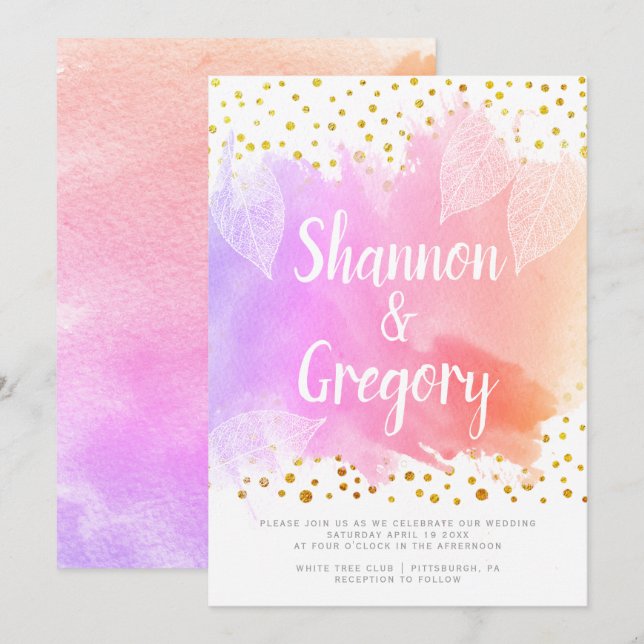 Invitación Boda de tipografía de acuarela y confeti dorado (Anverso / Reverso)