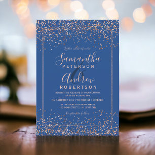 Invitación boda de tipografía de confetti azul moda de oro Ro
