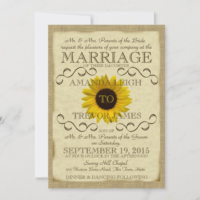 Invitación Boda de tipografía de cosecha de girasol (Anverso)