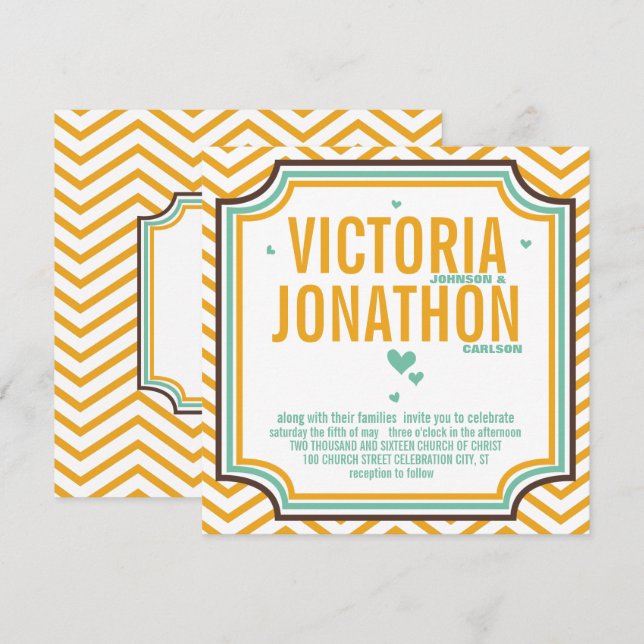 Invitación Boda de tipografía de Zig Zag amarillo blanco mode (Anverso / Reverso)