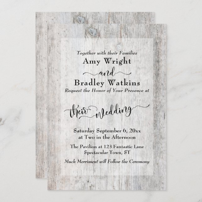 Invitación Boda de tipografía elegante de madera rústica mete (Anverso / Reverso)