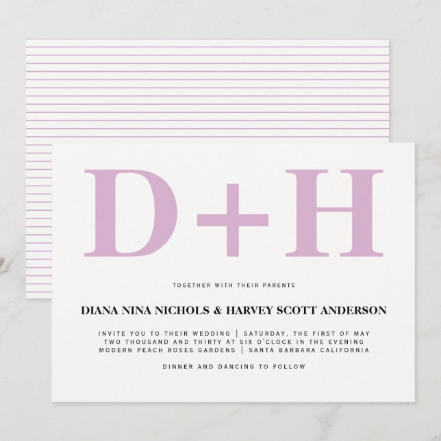 Invitación Boda de tipografía en negrita con iniciales rosas  (Anverso / Reverso)