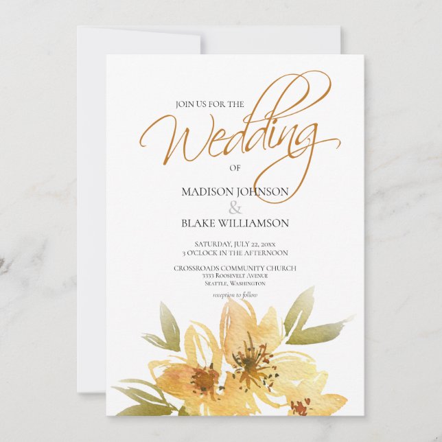 Invitación Boda de tipografía floral amarillo acuarela (Anverso)