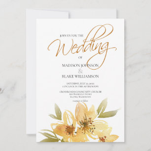 Invitación Boda de tipografía floral amarillo acuarela