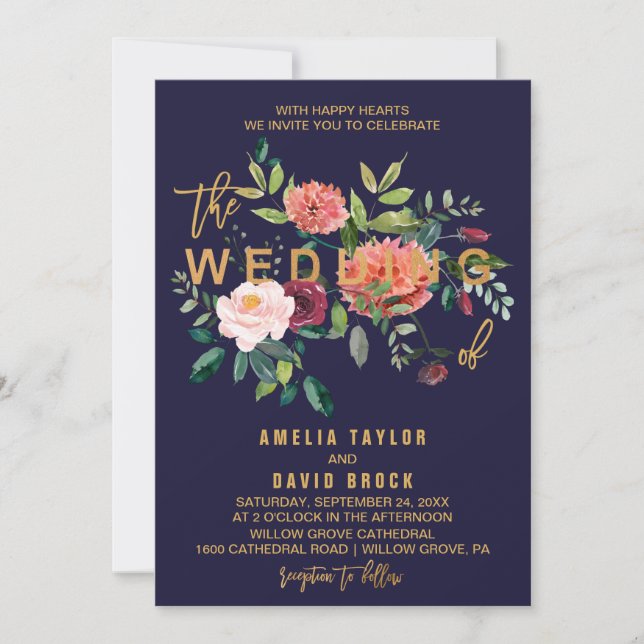 Invitación Boda de tipografía floral de otoño (Anverso)