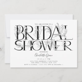 Invitación Boda de tipografía floral negra ducha de novia