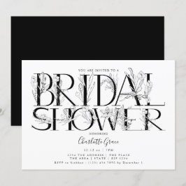 Invitación Boda de tipografía floral negra ducha de novia