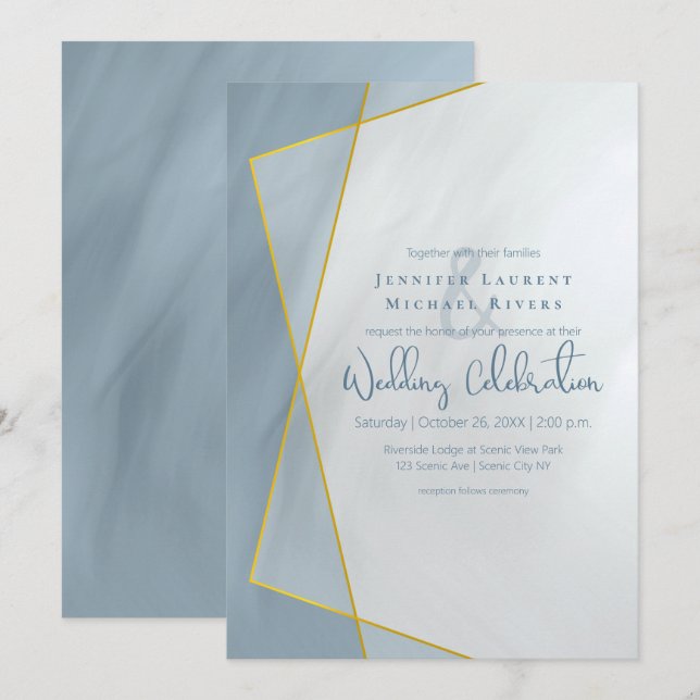 Invitación boda de tipografía geométrica azul polvoriento (Anverso / Reverso)