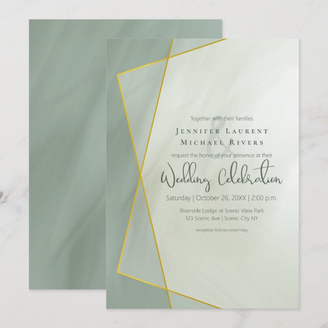 Invitación boda de tipografía geométrica de jade gris (Anverso / Reverso)