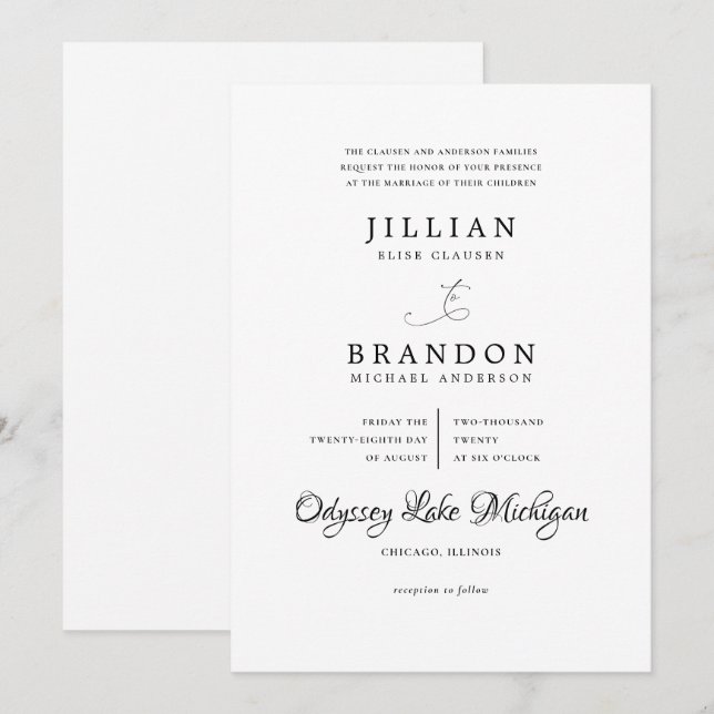 Invitación Boda de tipografía mínima moderna en blanco y negr (Anverso / Reverso)