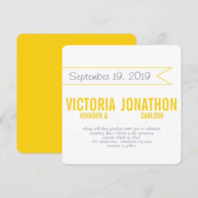 Invitación Boda de tipografía moderna amarilla de mantequilla (Anverso / Reverso)