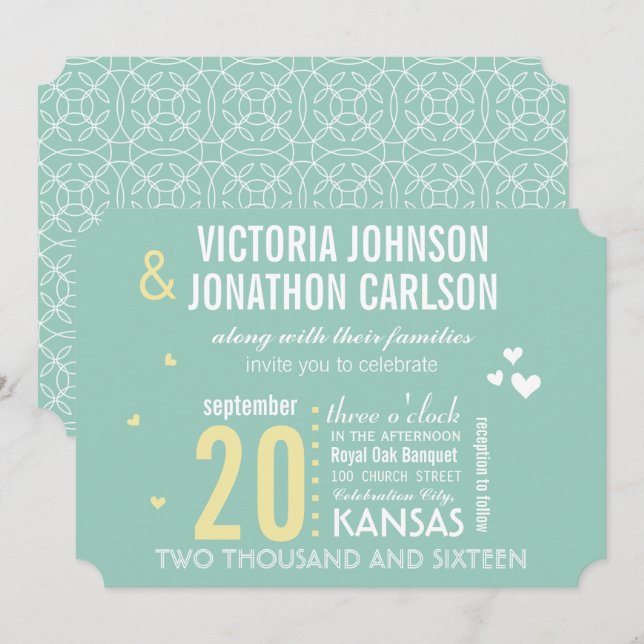 Invitación Boda de Tipografía Moderna Amarillo y Menta (Anverso / Reverso)