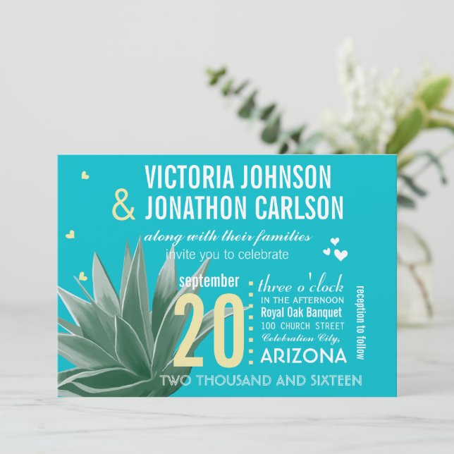 Invitación Boda de tipografía moderna Aqua Yellow Succulent (Anverso de pie)