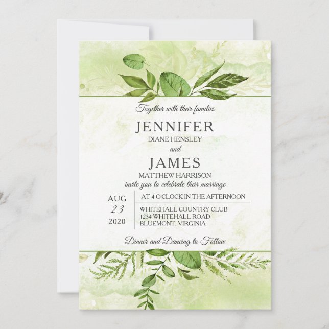 Invitación Boda de tipografía moderna botánica de Wildwoods (Anverso)