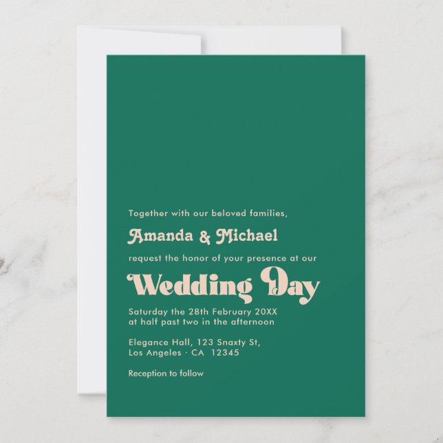 Invitación Boda de tipografía retro de fusión de esmeralda y  (Anverso)