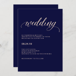 Invitación Boda de tipografía rosa azul marino y Rubor