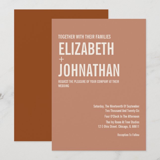 Invitación Boda de tipografía simple de Boho Terracotta (Anverso / Reverso)