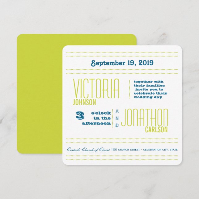 Invitación Boda de tipografía verde azulada y moderna (Anverso / Reverso)