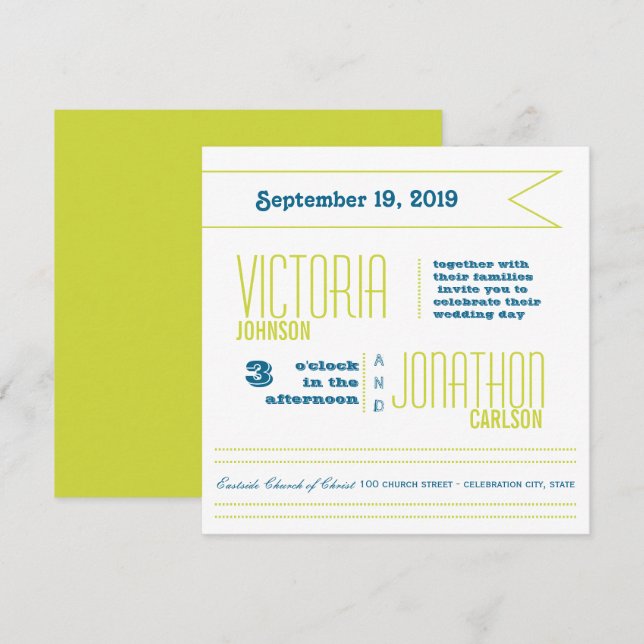 Invitación Boda de tipografía verde azulada y moderna (Anverso / Reverso)