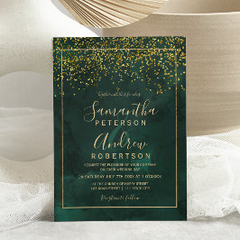 Invitación boda de tipografía verde de confeti dorado de moda