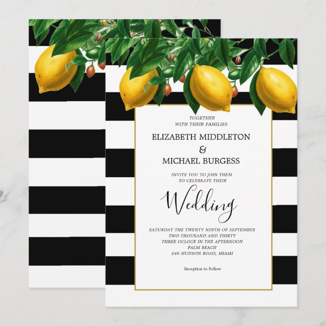 Invitación Boda de tiras blancas blancas y botánicas de limón (Anverso / Reverso)