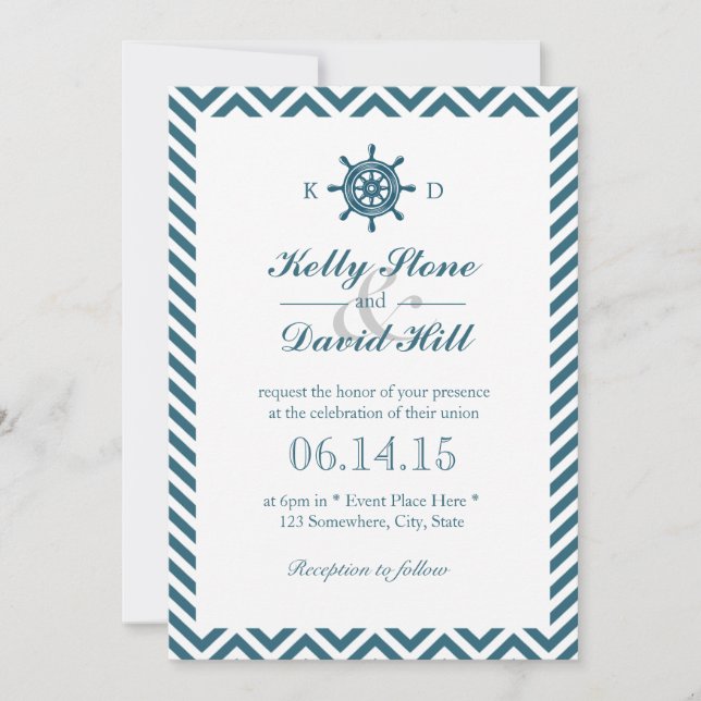 Invitación Boda de tiras de chevron azul para el timón náutic (Anverso)