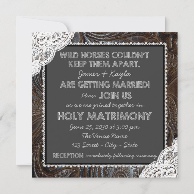 Invitación Boda de tiza de cuero y encaje (Anverso)