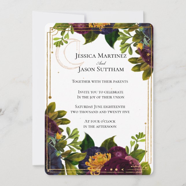 Invitación Boda de tono de joyas celestes de Borgoña (Anverso)