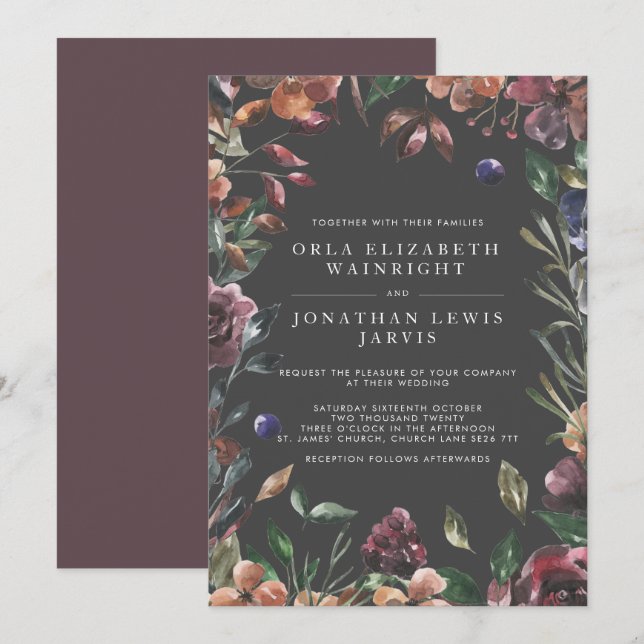 Invitación Boda de tonos cálidos del marco de ráfaga floral d (Anverso / Reverso)