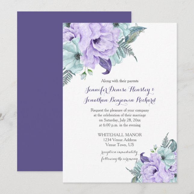 Invitación Boda de tonos de agua morados para la tela mint (Anverso / Reverso)