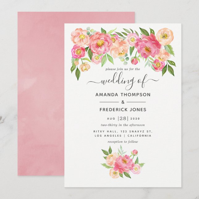 Invitación Boda de tonos de agua rosados pastel (Anverso / Reverso)