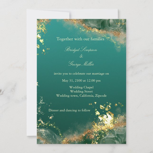 Invitación Boda de tonos de joyas de oro verde esmeralda (Anverso)
