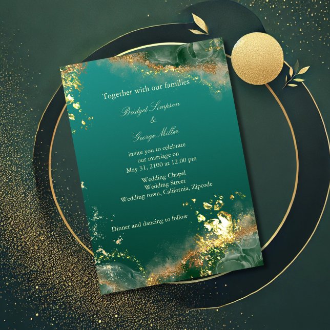 Invitación Boda de tonos de joyas de oro verde esmeralda (Subido por el creador)