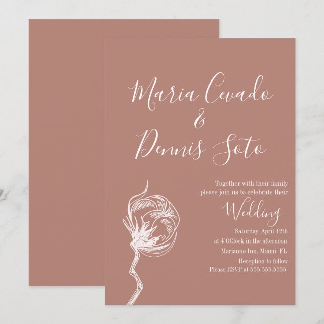 Invitación Boda de tonos terrosos con flores dibujadas a mano (Anverso / Reverso)