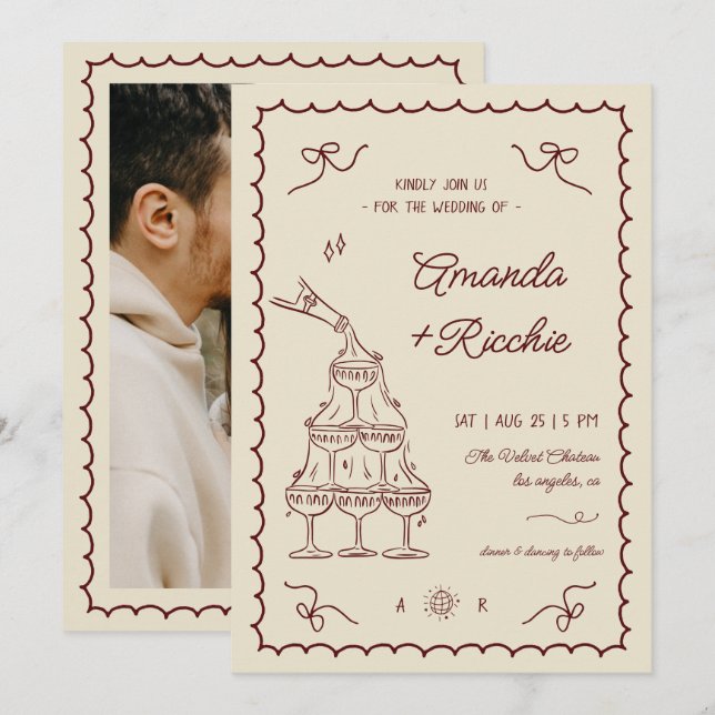 Invitación Boda de Torre de Champán Divertida y Caprichosa Do (Anverso / Reverso)