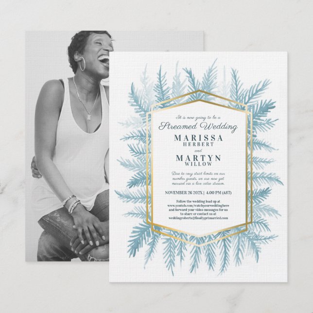 Invitación Boda de torrente azul de arte evergreen de inviern (Anverso / Reverso)