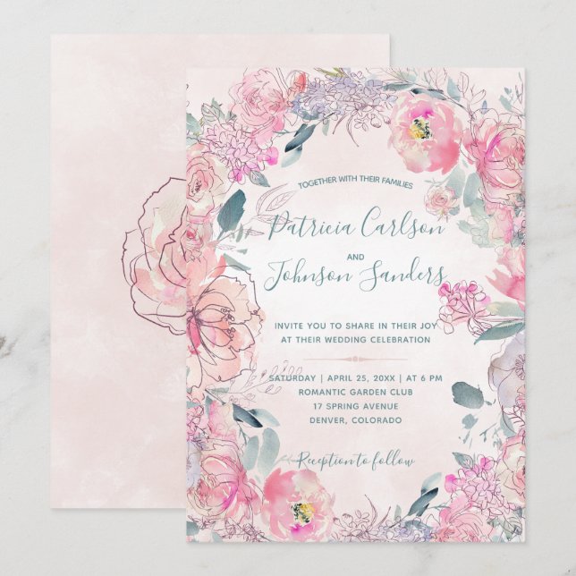 Invitación Boda de tortillas acuáticas de peonatos rosados (Anverso / Reverso)